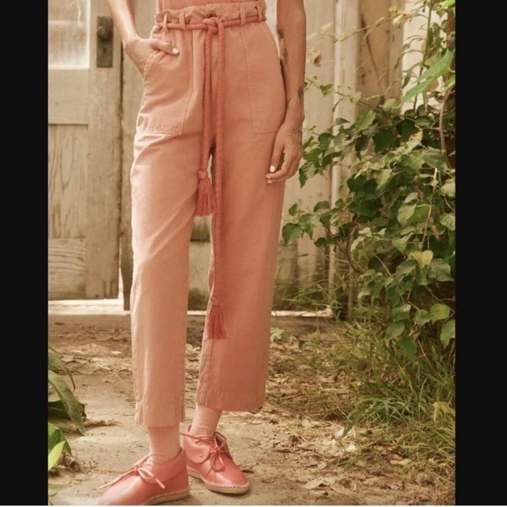 The Great Voyager High Rise Cropped Belted Straight Leg Cotton Coral Pant 27 NWT